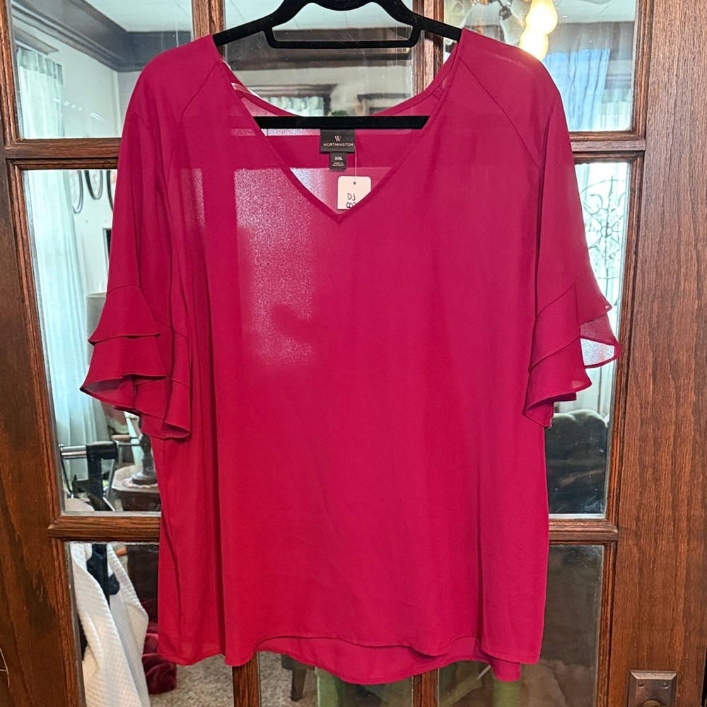 Worthington Magenta Pink Flutter Tiered Ruffle Sleeve V-Neck Chiffon Blouse XXL